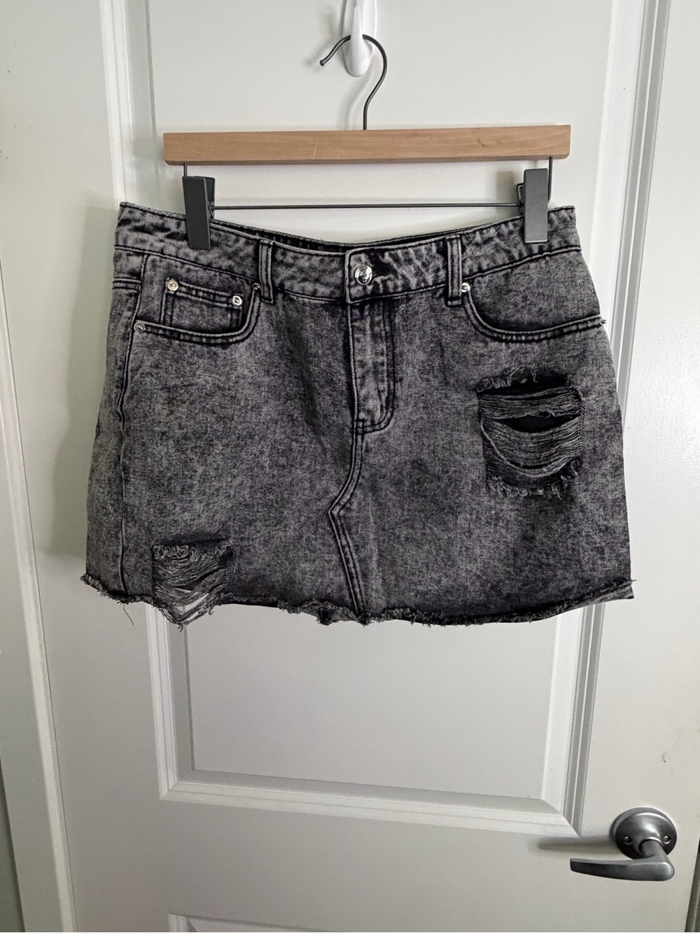 Dolls Kill Gray Acid-Wash Distressed Denim Mini Skirt